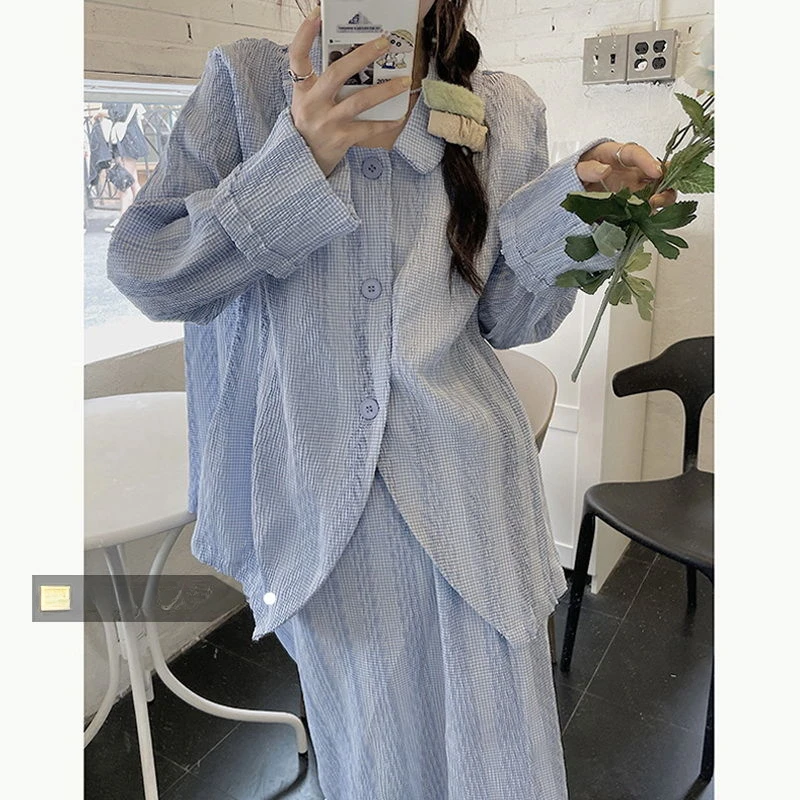 

Женский винтажный костюм из 2 предметов, Свободный Повседневный синий костюм из рубашки с длинным рукавом и длинной юбки с высокой талией, весна-лето