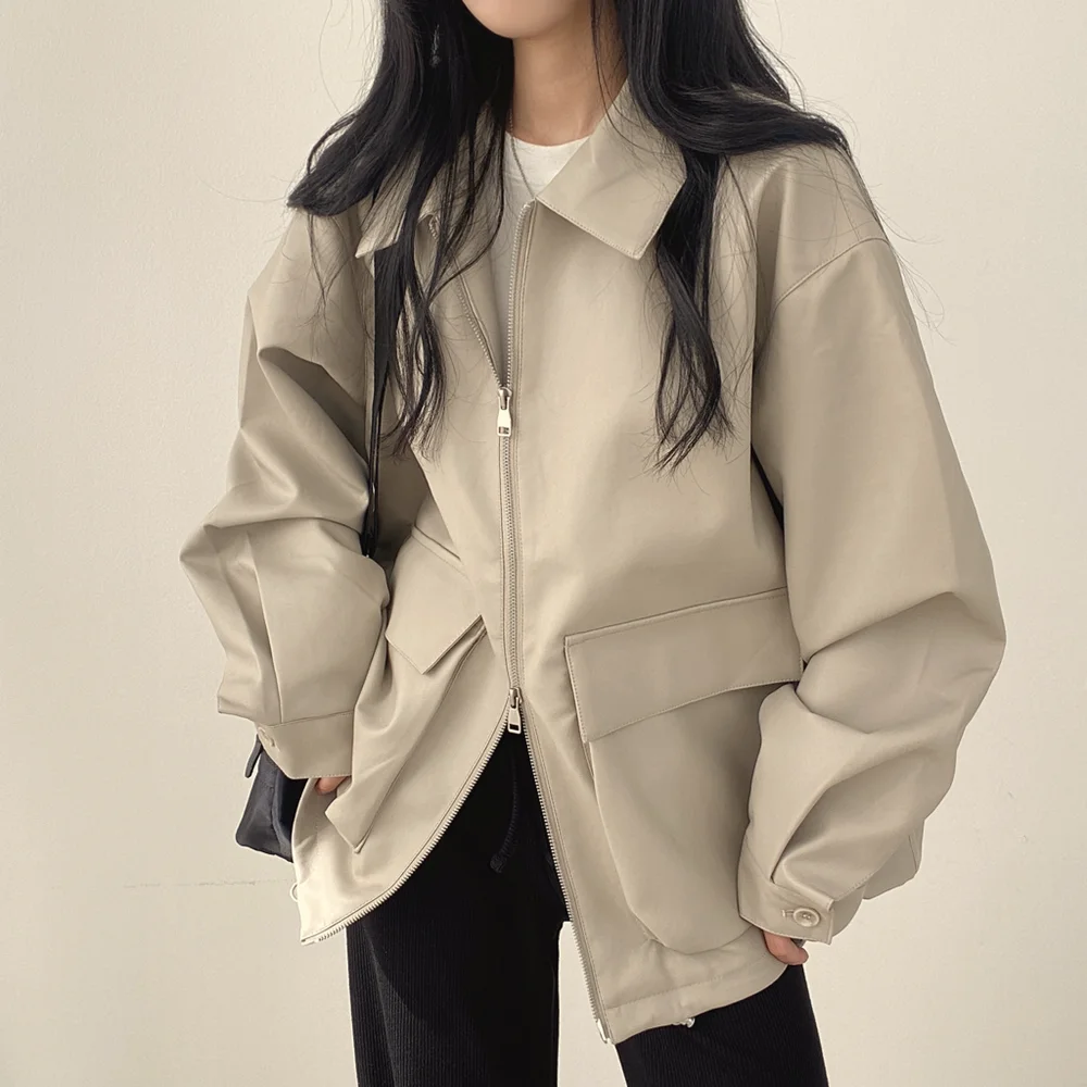 Giacca in pelle da donna vintage autunnale con risvolto, tasche grandi, cardigan aperto con cerniera, vestibilità ampia, casual, a maniche lunghe, cappotto corto