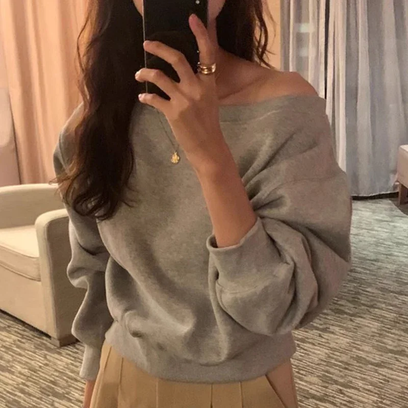 Korejpaa Spring French Style Hoodies Women Diagonal Collar Irregular Off Shoulder Versatile Long Sleeve Top Sweatshirt Outwear