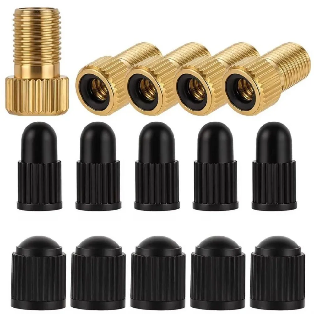 Pack of 5pcs with 10pcs Caps Bicycle Valve Conversion Head Set Copper Screw on Type Convert Presta to Schrader