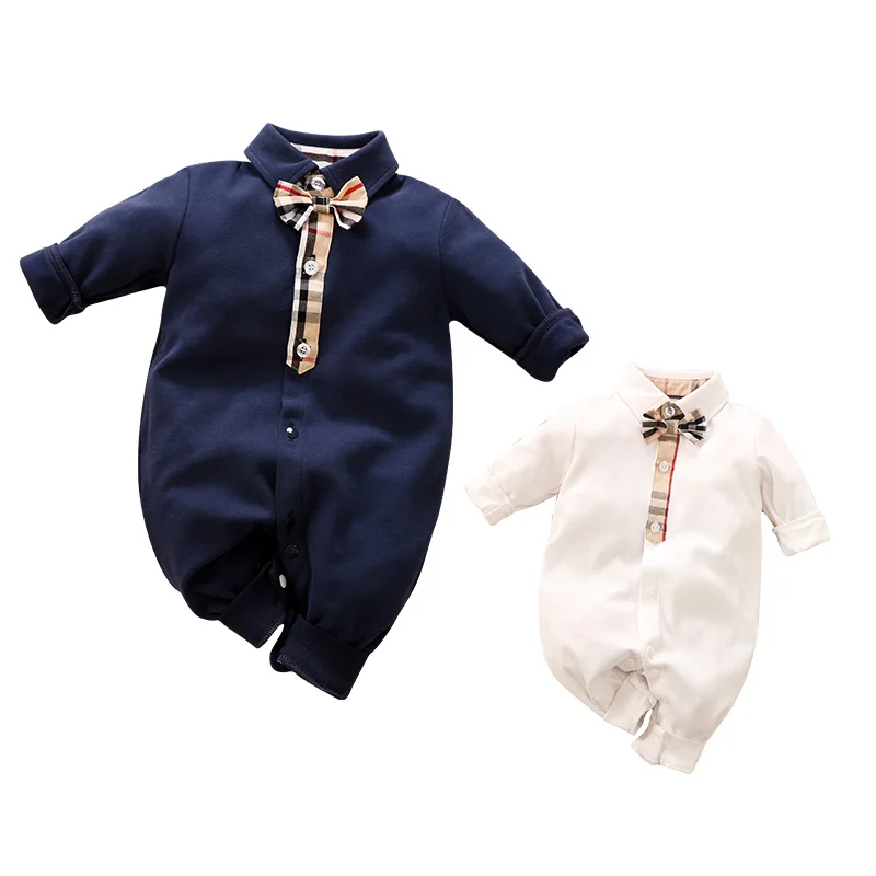 0-36M Spring and Autumn New Newborn jumpsuit Casual Polo Neck Bow Plaid Long sleeved jumpsuit