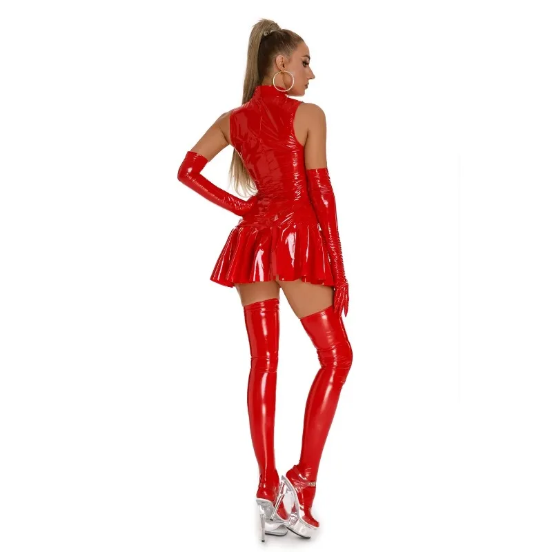 New Wetlook Leather Dress Plus Size Women Sexy Shiny PVC Latex Mini Skirt With Gloves And Stocking Pole Dance Raves Party Outfit