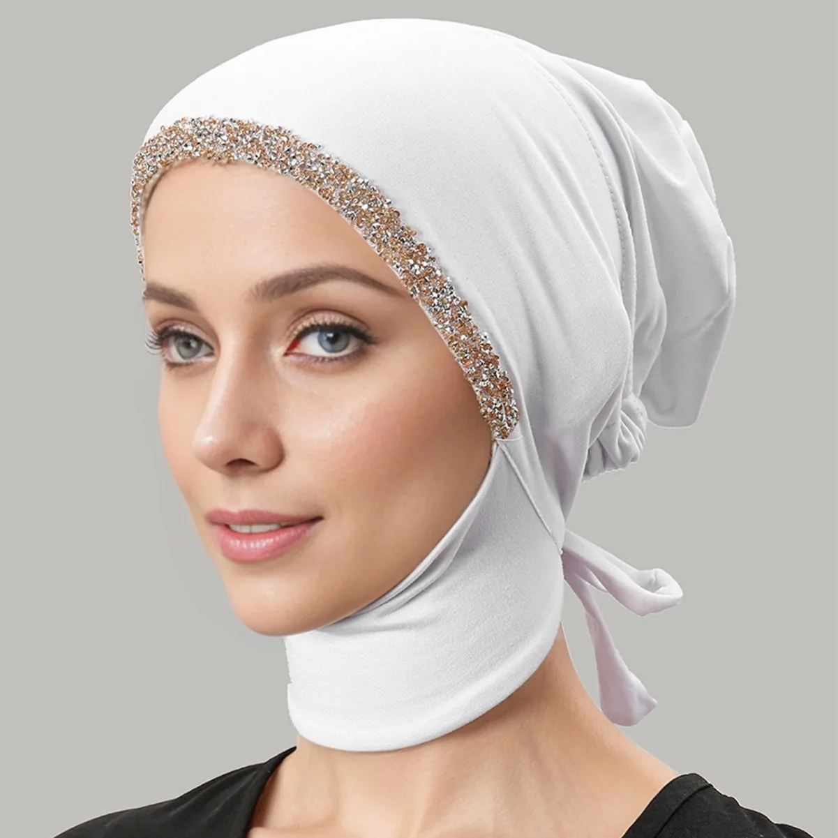 High quality muslim hats with Rhinestone pull on islamic scarf with Tie on back turban hijab bonnet inner caps Turbante Mujer