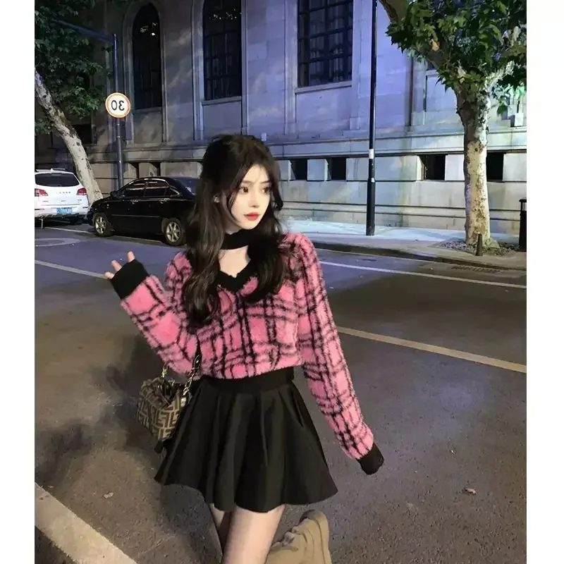 Korean Y2k Striped Short Length Halter Sweater Women Pink Long Knitted Sueter Mujer Elegant Contrast Color High Waist Pullovers