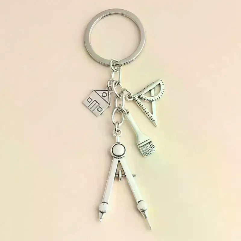 1pc Home Silver Color Keychain Building Triangular Ruler Painting Compass For Architects Engineers Drawing Gifts Jewelry