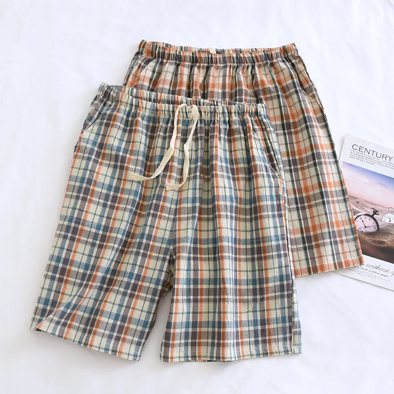 New Men\'s Cotton Pajama Shorts Summer Thin Plus Size Home Pants Casual Sleep Wear Sleep Bottoms Sleepwear Plaid Pants Men 2022