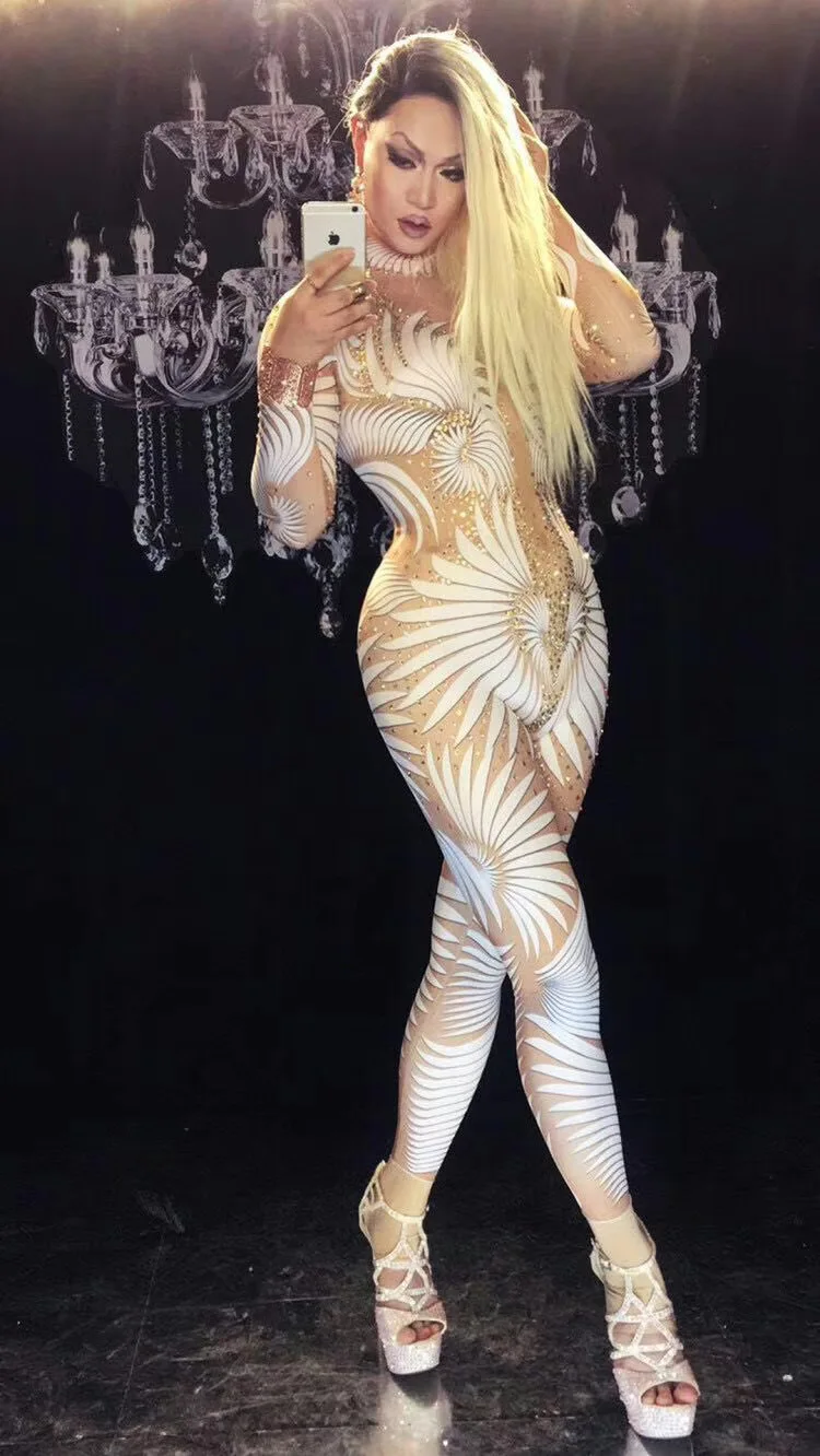 

Hallowe Rhinestone Jumpsuit Catsuit White Feather Printed Tights Fitting Playsuit Women Fashion Pole Dancing Performance Costume