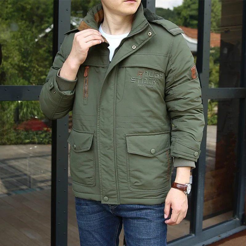 

Thiened Fce Cotton Jaet Men's Winter Warm Long Coat Multi-ket Casual Outerwear for Middle-Aged And Young Men