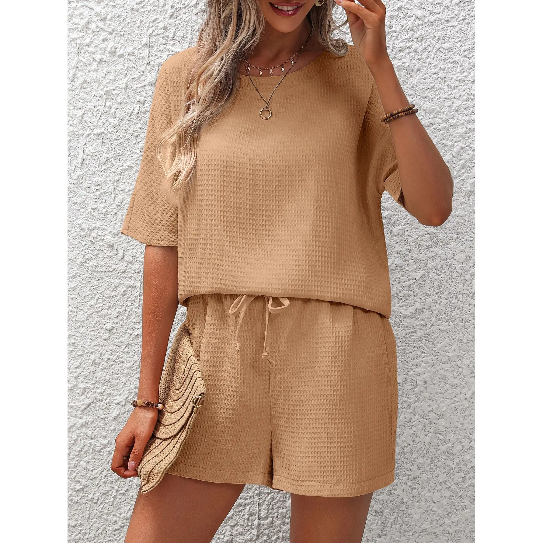 Summer Short-sleeved Suit For Women New Fashion Round Neck Solid Color Foreign Style Bat Shirt 2024 Lace-up Shorts Two-piece Set