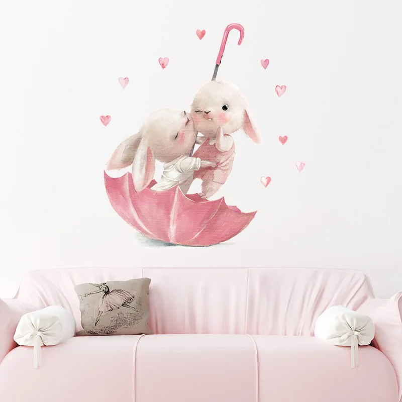 Cartoon Pink Baby Rabbit Wall Stickers Hot Air Balloon Decals Kids Room Nursery Wall Decorative Vinyl Kawaii Bunny PVC Wallpaper