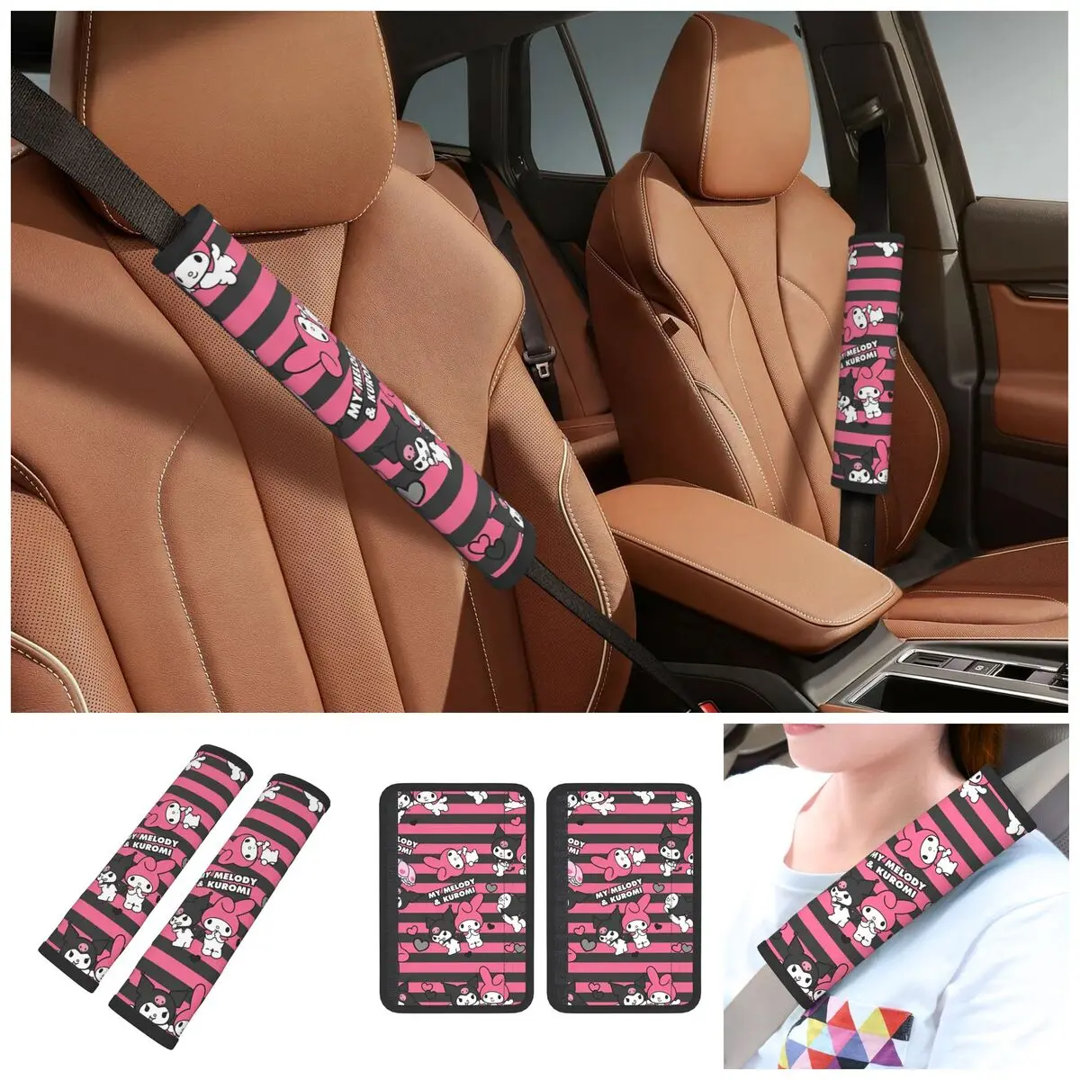 Kuromi Cute My Melody Sanrio Soft Auto Seat Belt Cover for Driving 2 PCS Seatbelt Shoulder Pad Compatible with All Cars Trucks