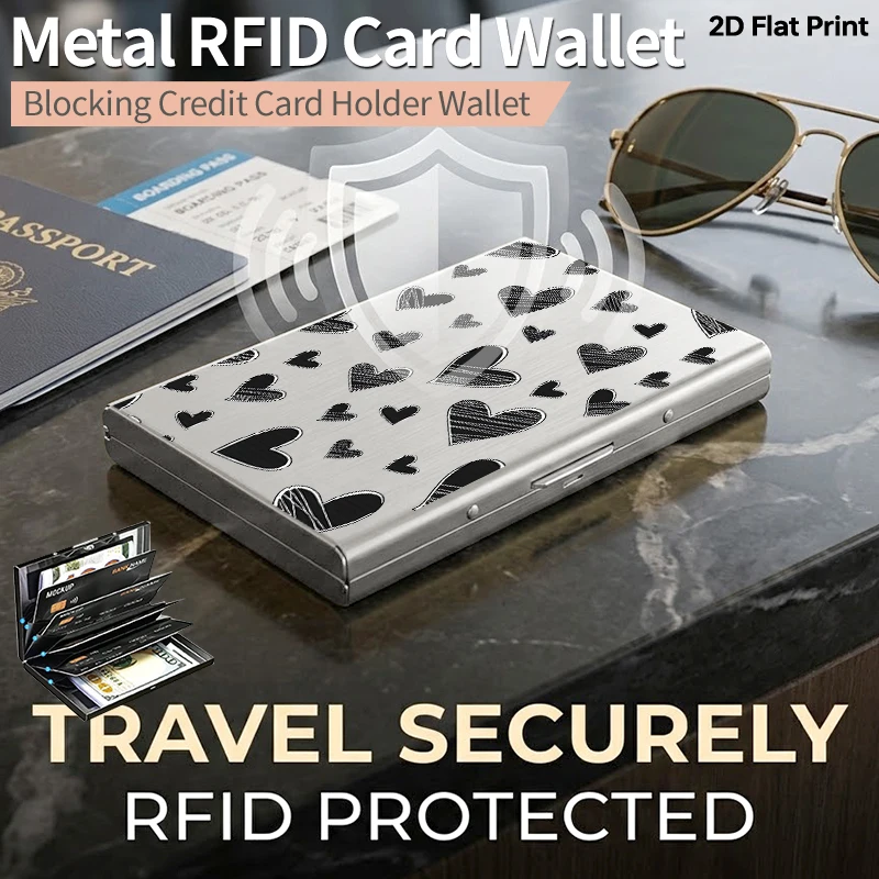

Металлический держатель для карт с защитой от RFID, тонкий минималистичный чехол для кредитных карт, алюминиевый кошелек с защитой от кражи и рисунком в виде сердца, выполненным вручную, на боковой стороне