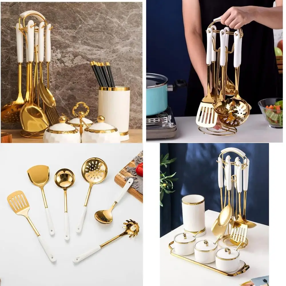 

White Gold 7-Piece Stainless Steel Kitchen Utensil Set with Hanging Rack: Includes Slotted Spoon, Spatula, Large Spoon, Ladle, a