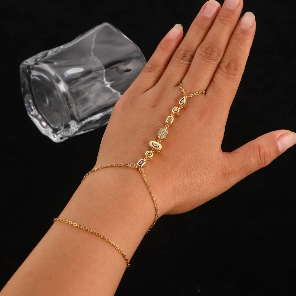 Fashion Luxury Sparkly Colored Rhinestones Gold Color Stainless Steel Finger Connect Bracelet Hand Back Chain for Women Jewelry