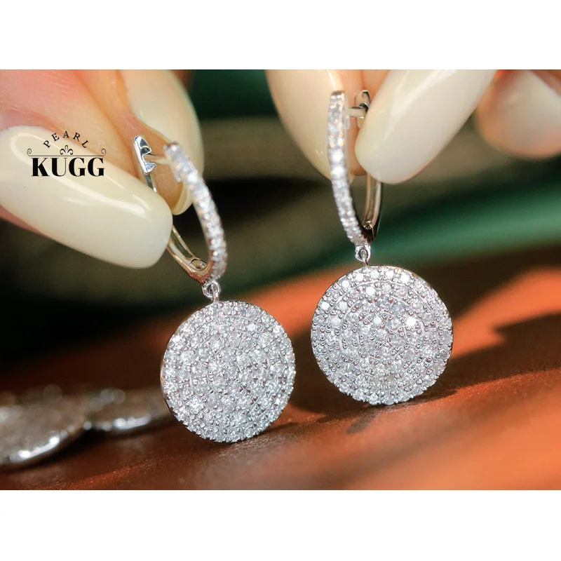 KUGG 100% 18K White Gold Earrings Luxury Round Shape 1.0carat Real Natural Diamond Hoop Earrings for Women High Party Jewelry