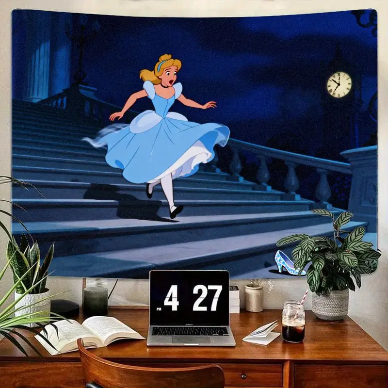 

1 шт., сказочный гобелен принцессы Золушки Диснея, синее платье, стеклянные тапочки, настенное искусство, эстетический декор из полиэстера для спальни Liv