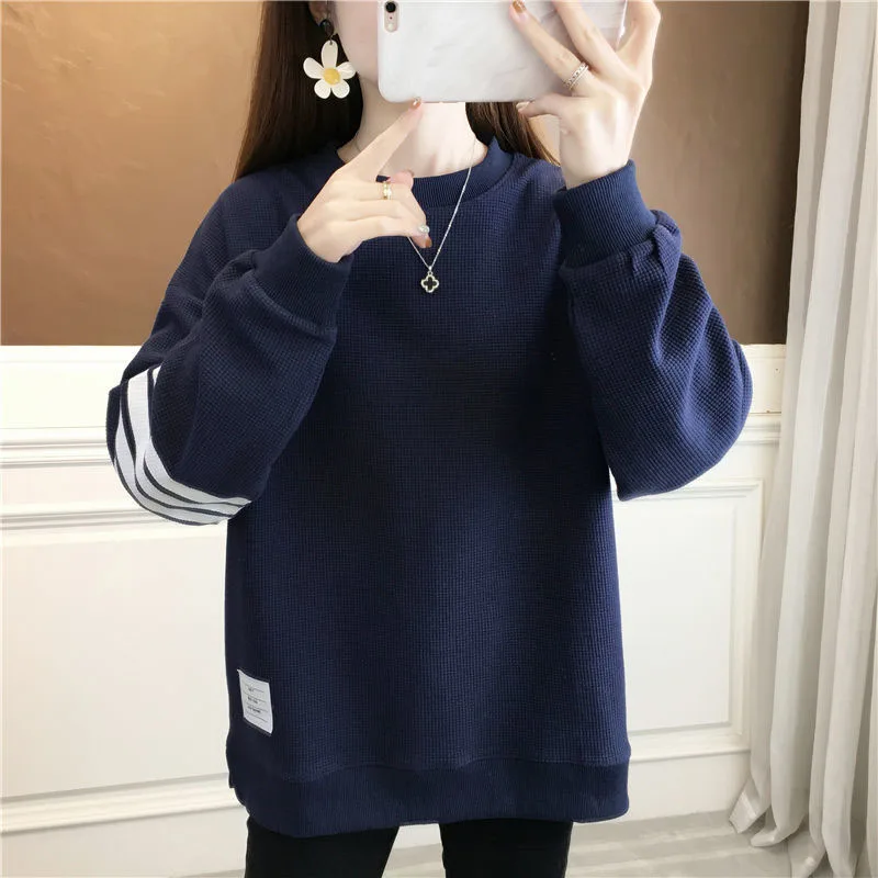 New Autumn Fashion Hanban Waffle Print Round Neck Loose Large Versatile Slim and Simple Women's Long Sleeve Casual Sweater