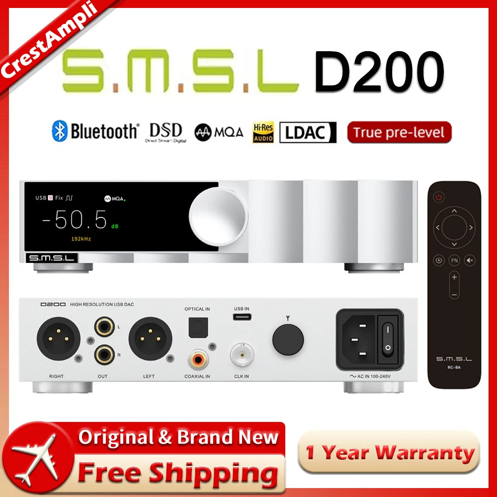 

SMSL D200 Hi-Res Audio Decoder BD34352EKV DAC Chip XU316 MQA-CD DSD512 USB Coaxial Optical Blutetooth With Remote Control