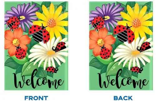 Welcome Ladybug & Floral Whimsical Burlap Garden Flag 12x18in Double-Sided VVL YYX EEZ