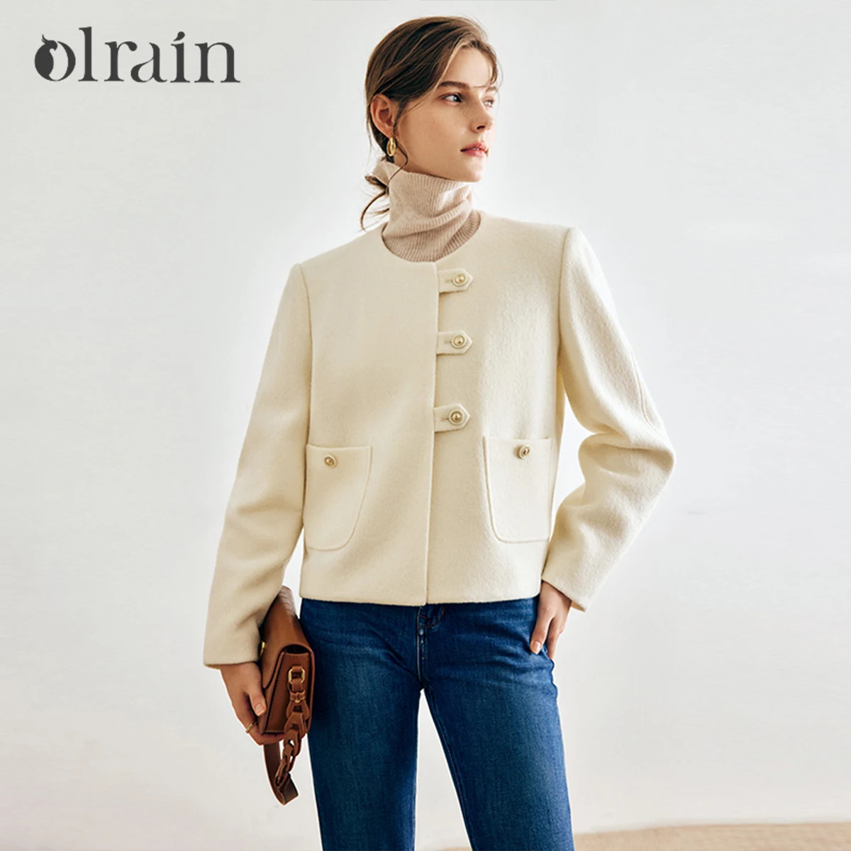 

OLrain Women's French Woolen Coats 2026 Autumn Winter Solid O-neck Jackets Fashion Design Overcoat Female Clothing O22QN65585