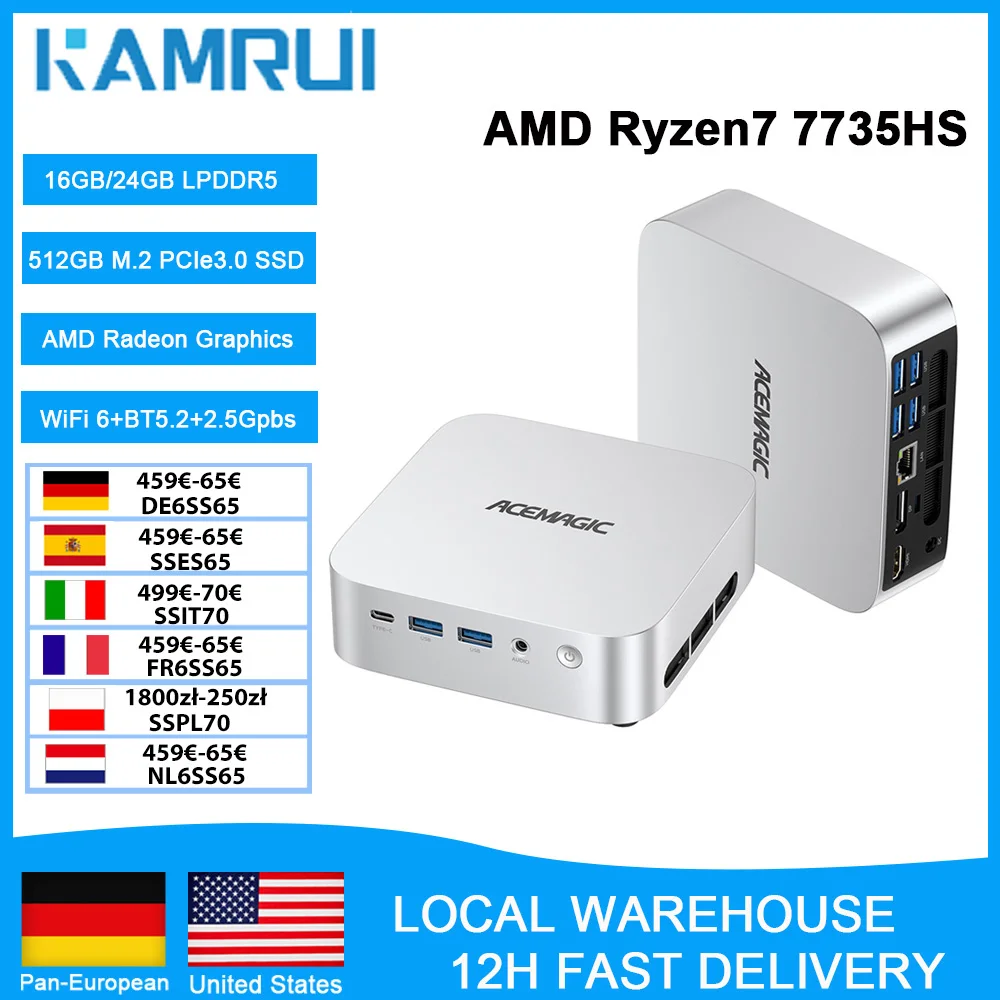 KAMRUI AMD Ryzen 7 7735HS Mini PC 8 Core 16 Thread 24GB LPDDR5 512GB NVMe PCIe3.0 SSD WiFi 6 Radeon 4K Gaming Desktop Computer