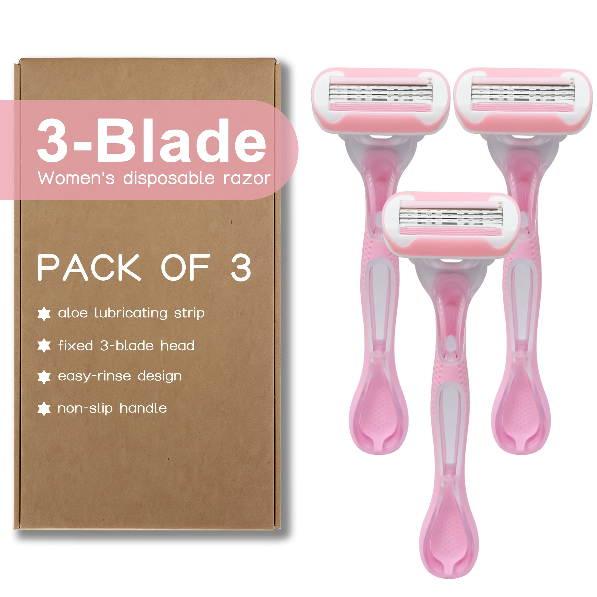 Women's Disposable Razors 3 Pack, 3-Blade Fixed Head with Aloe Vera Lubricating Strip, Non-Slip Handle, Easy Clean Shaving