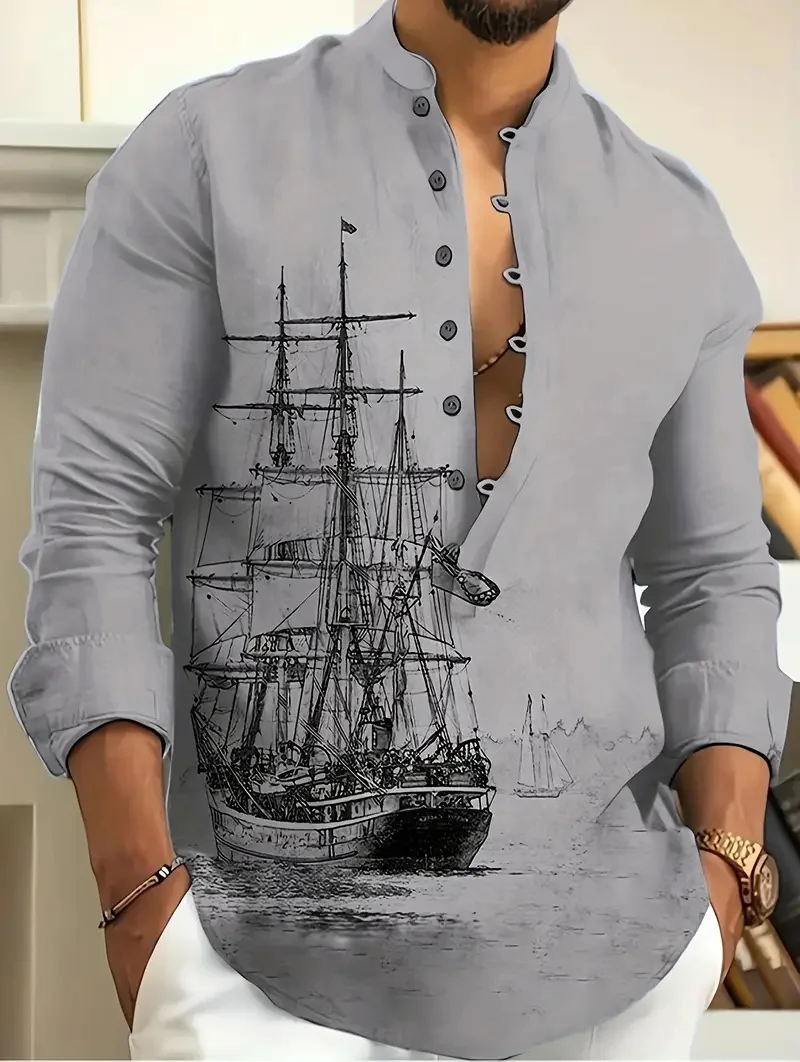 قميص رجالي جديد بأكمام طويلة بسبعة أزرار، قميص كاجوال للشاطئ الرملي، قميص من القماش المريح عالي الجودة