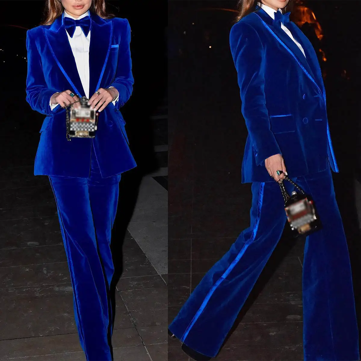 2 Piece Women Royal Blue Velvet Sets Tailored Long Jacket Suits Fashion Show Girls Wear Wedding Outfits