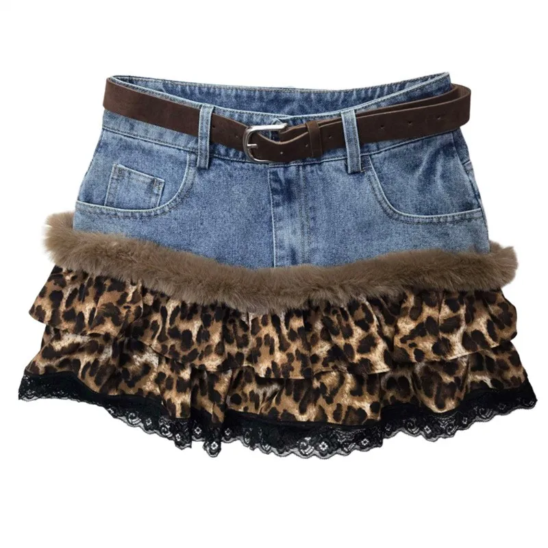 Autumn Women's Clothing Leopard Print Lace Trim Contrast Panel Short Skirt For Woman Denim Vintage Y2k Streetwear Mini Skirt