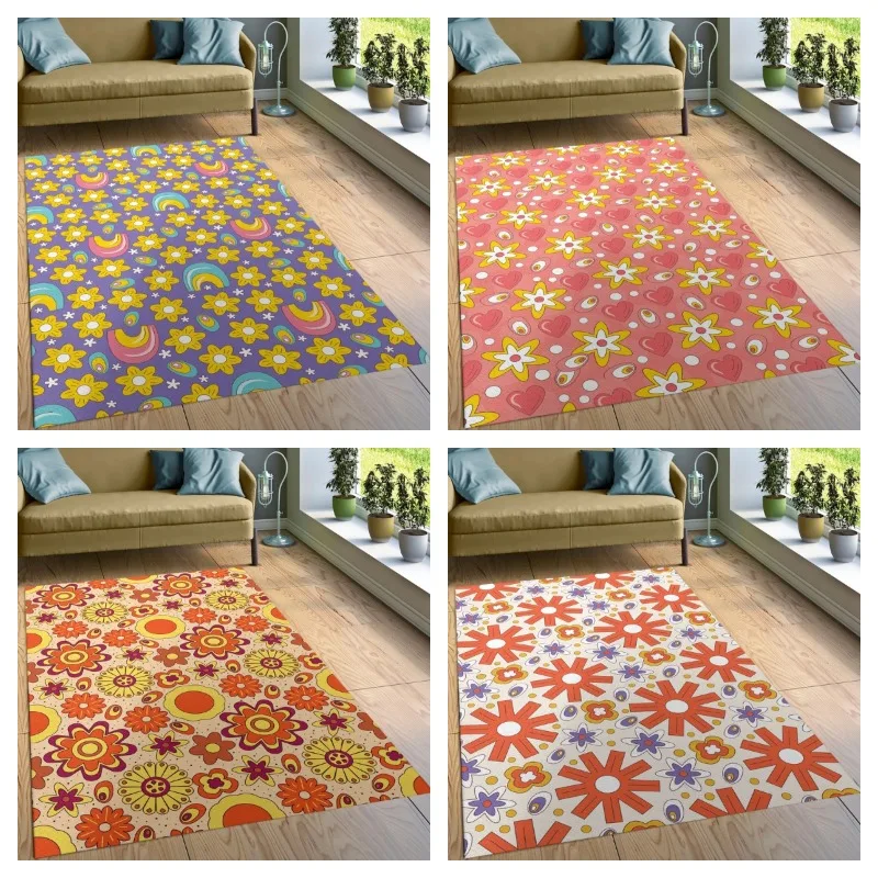 

70s Psychedelic Groovy Rug Mid Century Modern Geometric Housewarming Gift Custom Area Rug Vintage Floral Living Room Rug