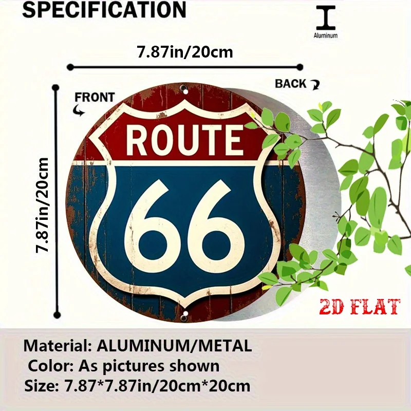 2D Flat 7.8X7.8 Round Route 66 Highway Symbol Aluminum Sign Americana Decor Gift For Cafe