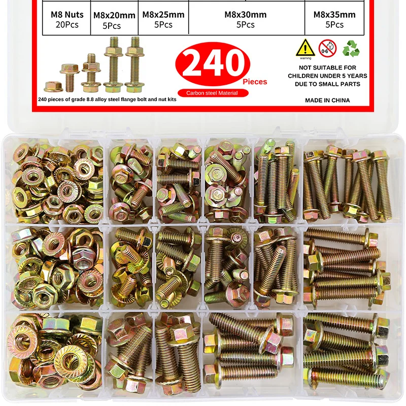 

240PCS Grade 8.8 M5 M6 M8 Flanged Bolts and Nuts Assortment Kit Metric Flanged Hex Screws Nuts Includes 14 Sizes Carbon Steel