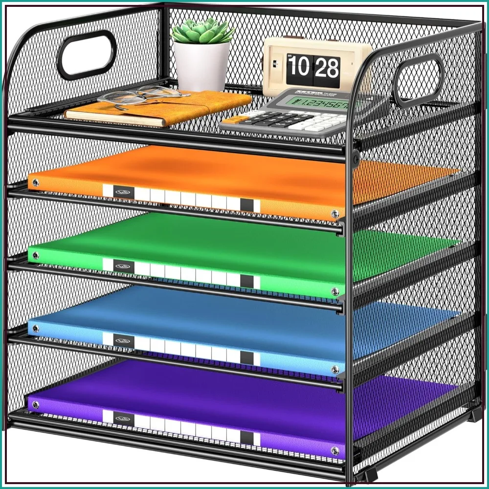 

5 Tier Mesh Desk Organizer with Handle, Paper Letter Tray File Sorter for Office Classroom Storage