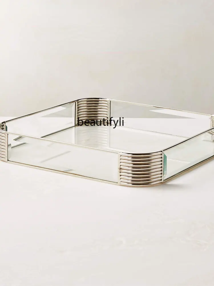 LBX Simple Modern Art Mitered Glass Silver Square Aromatherapy Fruit Tray