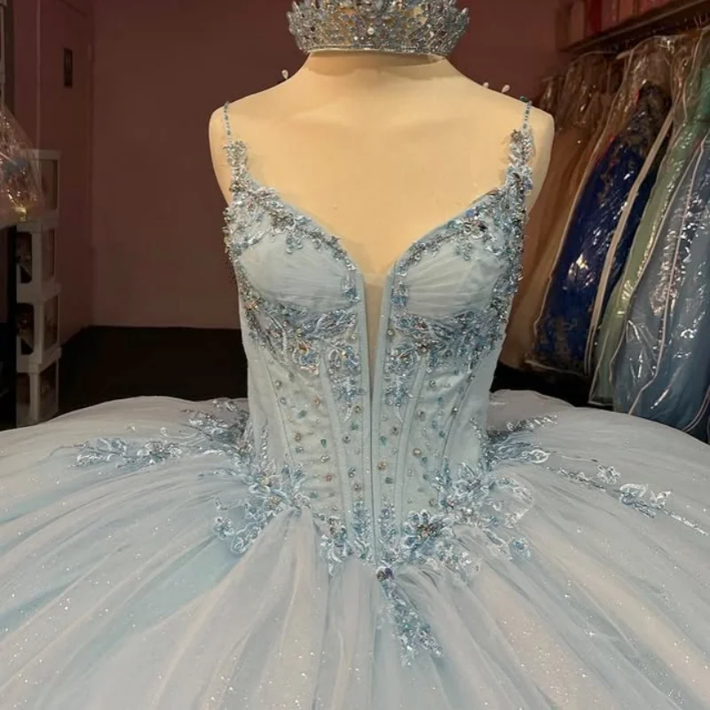 

Customized Shiny sky blue Quinceanera Dresses Off the Shoulder sequin applique flower Long tail Tull Vestido 15 Quinceanera