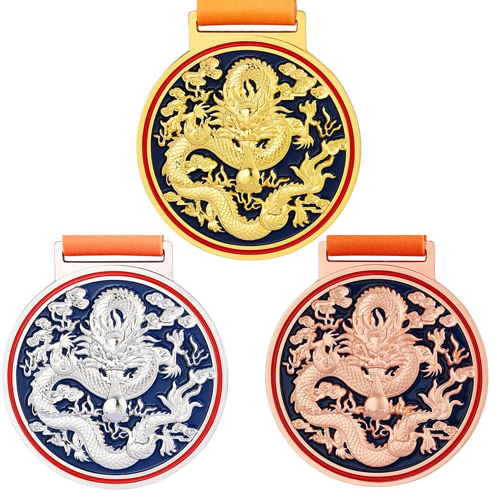 Blank Generic Medal Creative Dragon Mascot Medal School Sports Awards Competition Gold Silver Medals Print for Free On The Blank