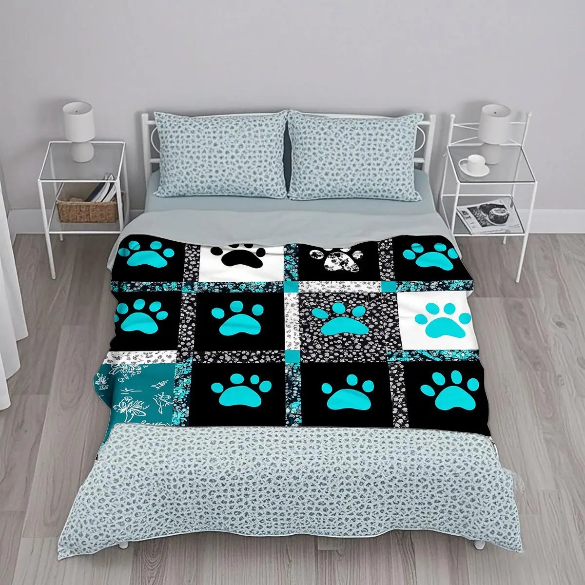 Multi-color Block Patchwork Teal Blue Pet Paw Print Floral Quilt Style Flat Digital Print Ultra-Soft Flannel Throw Blanket, Warm