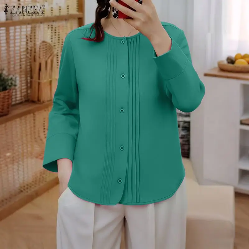

Женские рубашки ZANZEA 2026: Модные блузки с длинным рукавом на пуговицах, элегантные офисные топы, повседневные свободные блузы с круглым вырезом в корейском стиле