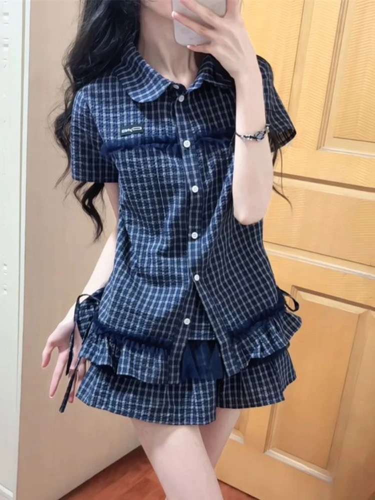 

Модный винтажный тонкий комплект из 2 предметов в консервативном стиле, женский повседневный шикарный лоскутный клетчатый топ с короткими рукавами, женский + короткая юбка с высокой талией