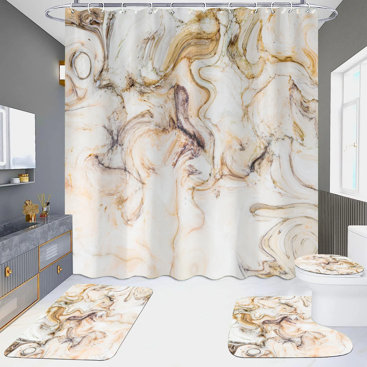 

VIKAMA Marble Shower Curtain Sets Modern White Gold Bath Curtains 3D Luxury Toilet Cover Polyester Fabric Bathroom