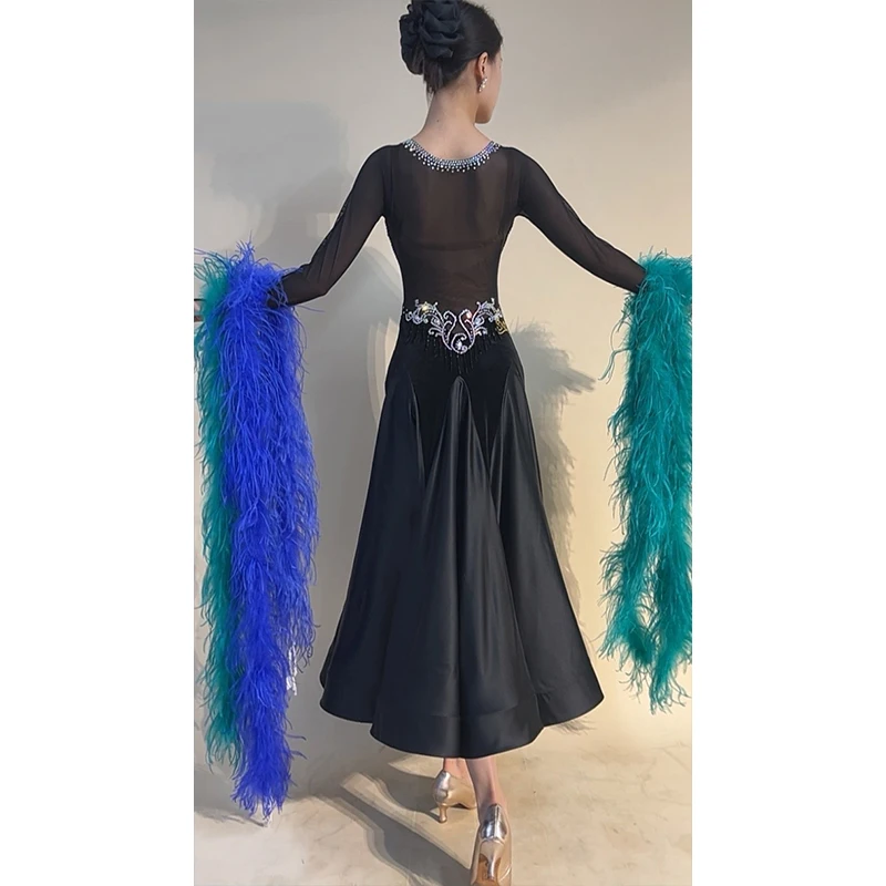 2025 Waltz Ballroom Dance Competition Dress High Quality Feather Rhinestone Velvet Dress Prom Women Performance Costume BL17494