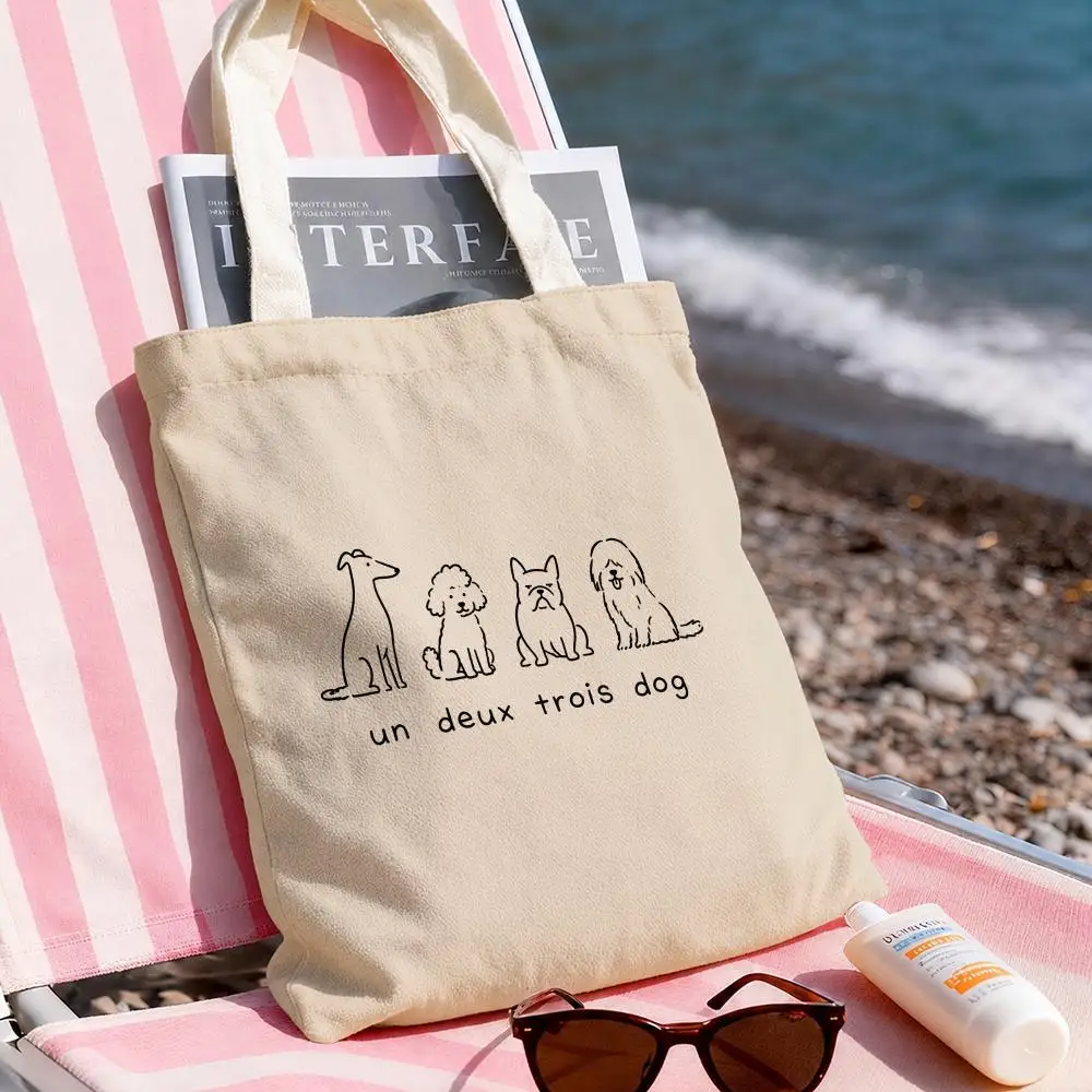 French Animal Count Storage Bags Canvas Tote Bag Large Capacity Shoulder Bag Eco-Friendly Reusable Casual Handbag