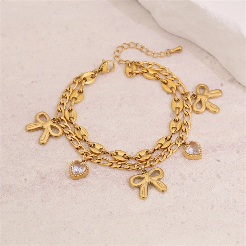 Kuziduocai Statement 316L Stainless Steel 2025 New Fashion Jewelry Zircon Bowknot Heart Star Moon Charm Chain Bracelet For Women