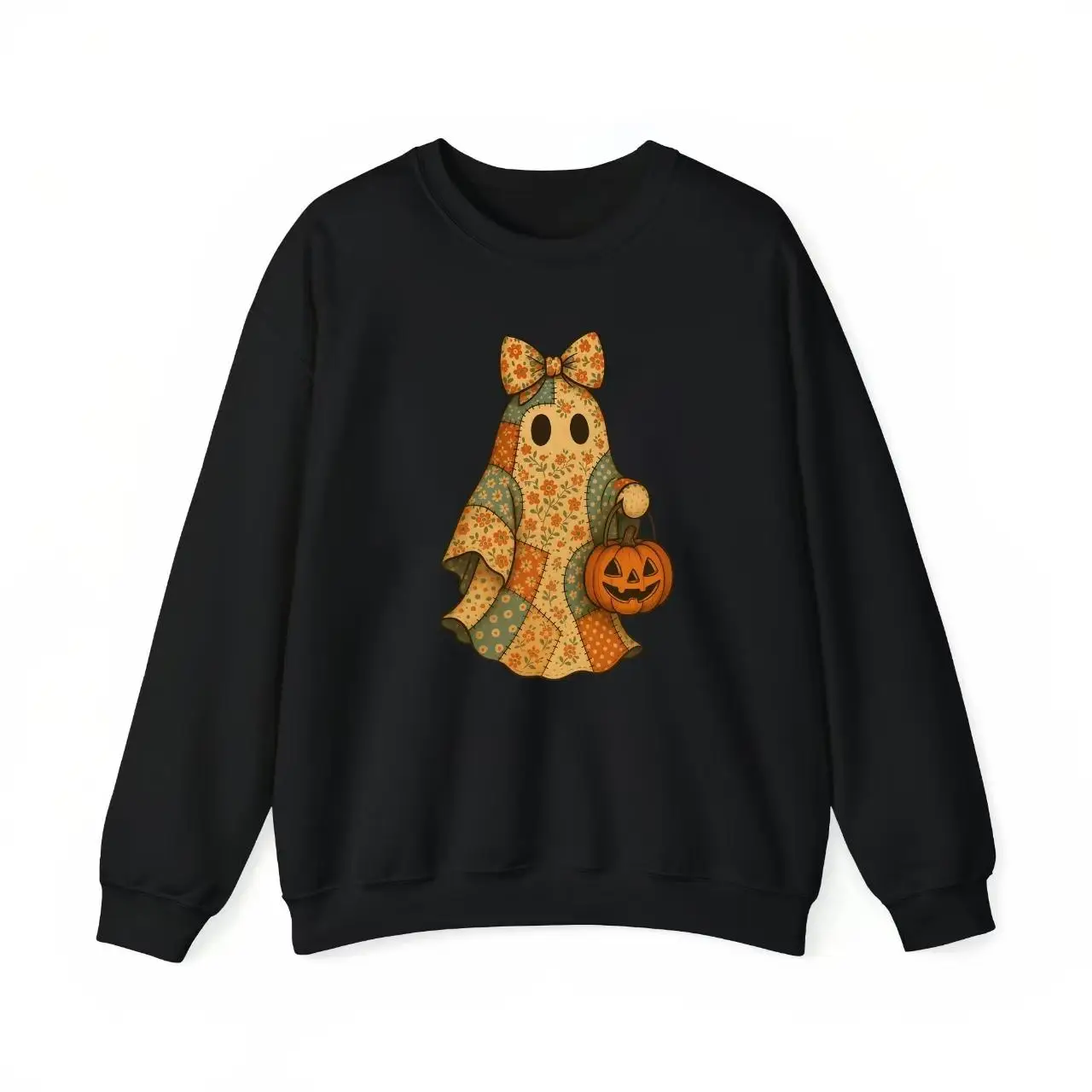 

Women's Halloween Sweatshirt, Cute Patchwork Ghost Graphic Print, Autumn Crewneck Pullover for Spooky Season
