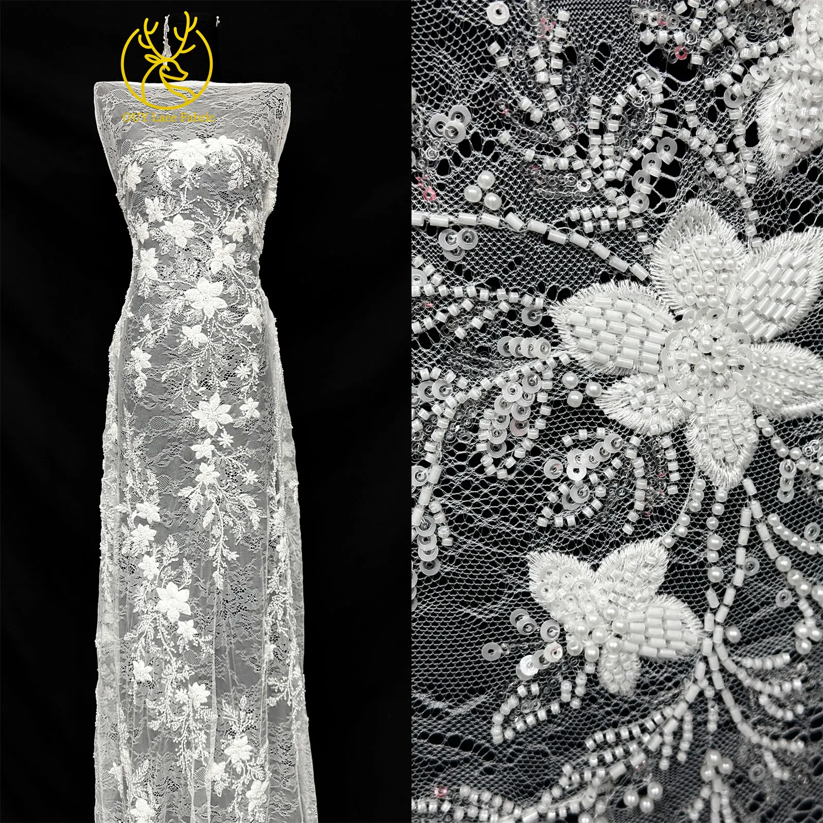 2026 Eleganter afrikanischer Perlen-Bräutigam-bestickter Spitzenstoff, 5 Yards, nigerianischer französischer Pailletten-Spitzenstoff zum Nähen von Hochzeitskleidern – Detail 9