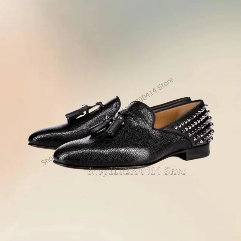 

Black Lychee Print Tassels Rivets Decor Men Loafers Fashion Slip On Men Shoes Luxury Handmade Party Feast Office Men Dress Shoes