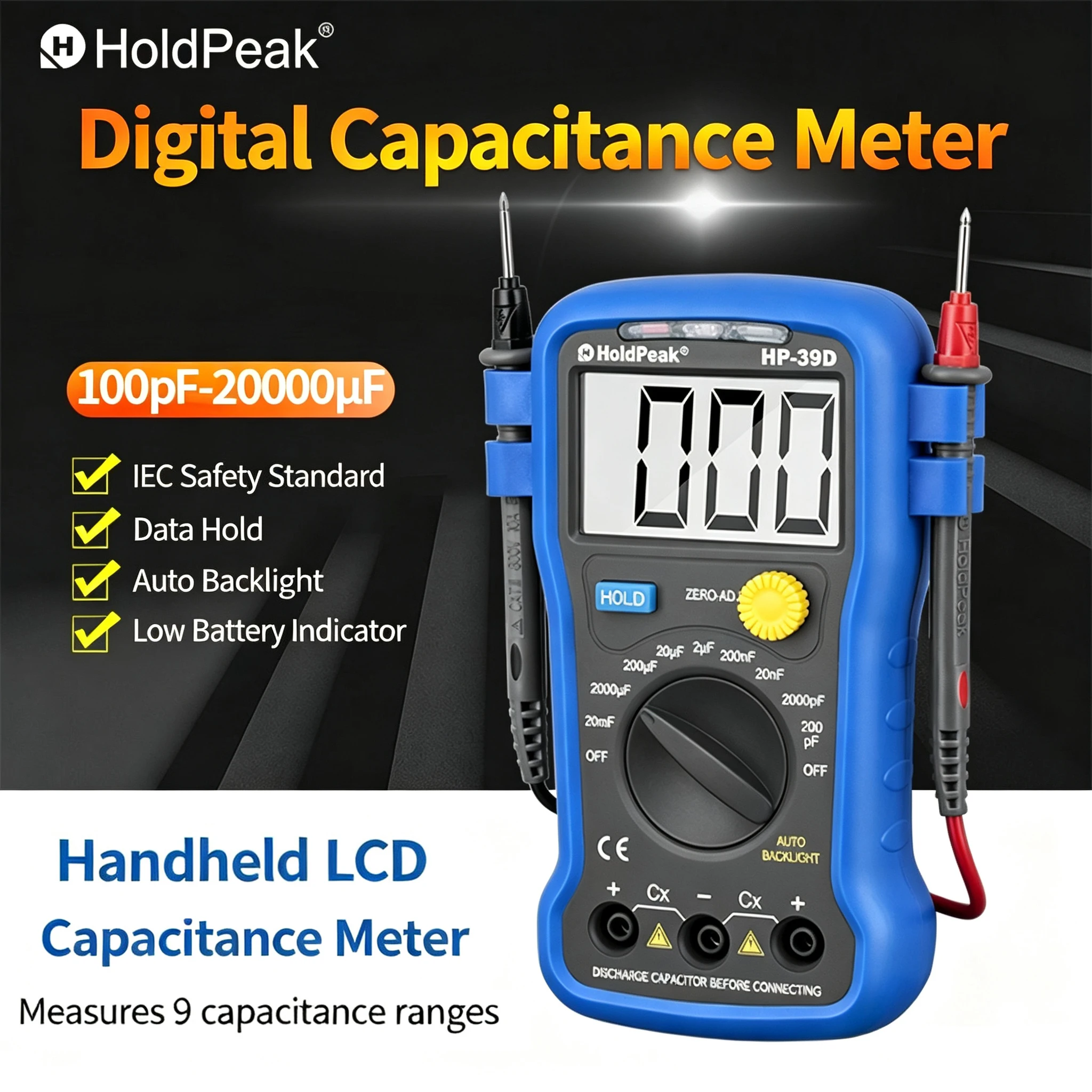 HoldPeak HP-39D Digital Capacitance Meter 0.1pF-20000uF Capacitor Tester LCD Backlight Data Hold Auto Zeroing 9 Ranges Portable