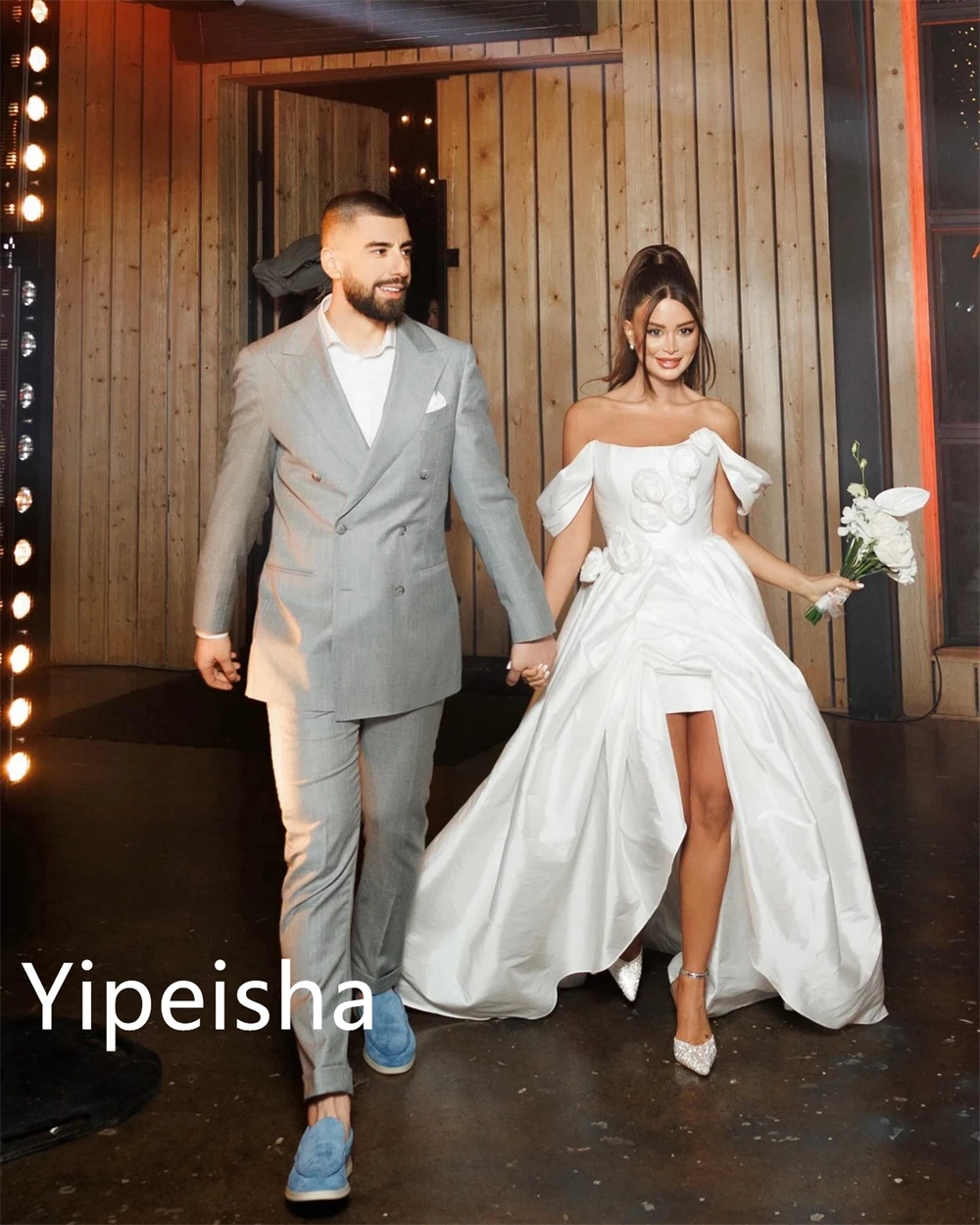 Customized Sparkle Exquisite Off-the-shoulder Ball gown Evening Cocktail Fold Flowers Draped Satin Quinceanera Dresses