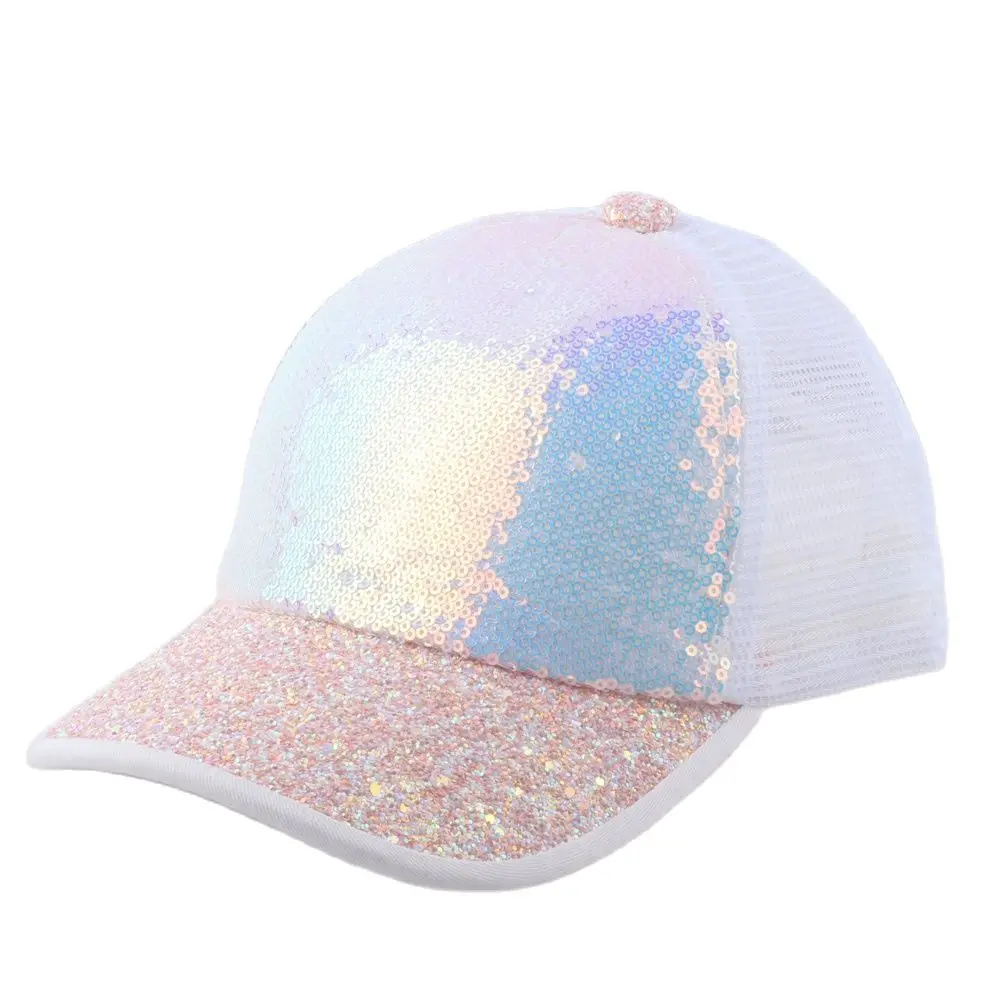 Summer Women Snapback Bling Sequin White Pink Mesh Baseball Cap Ladies Trucker Hat Shiny Breathable