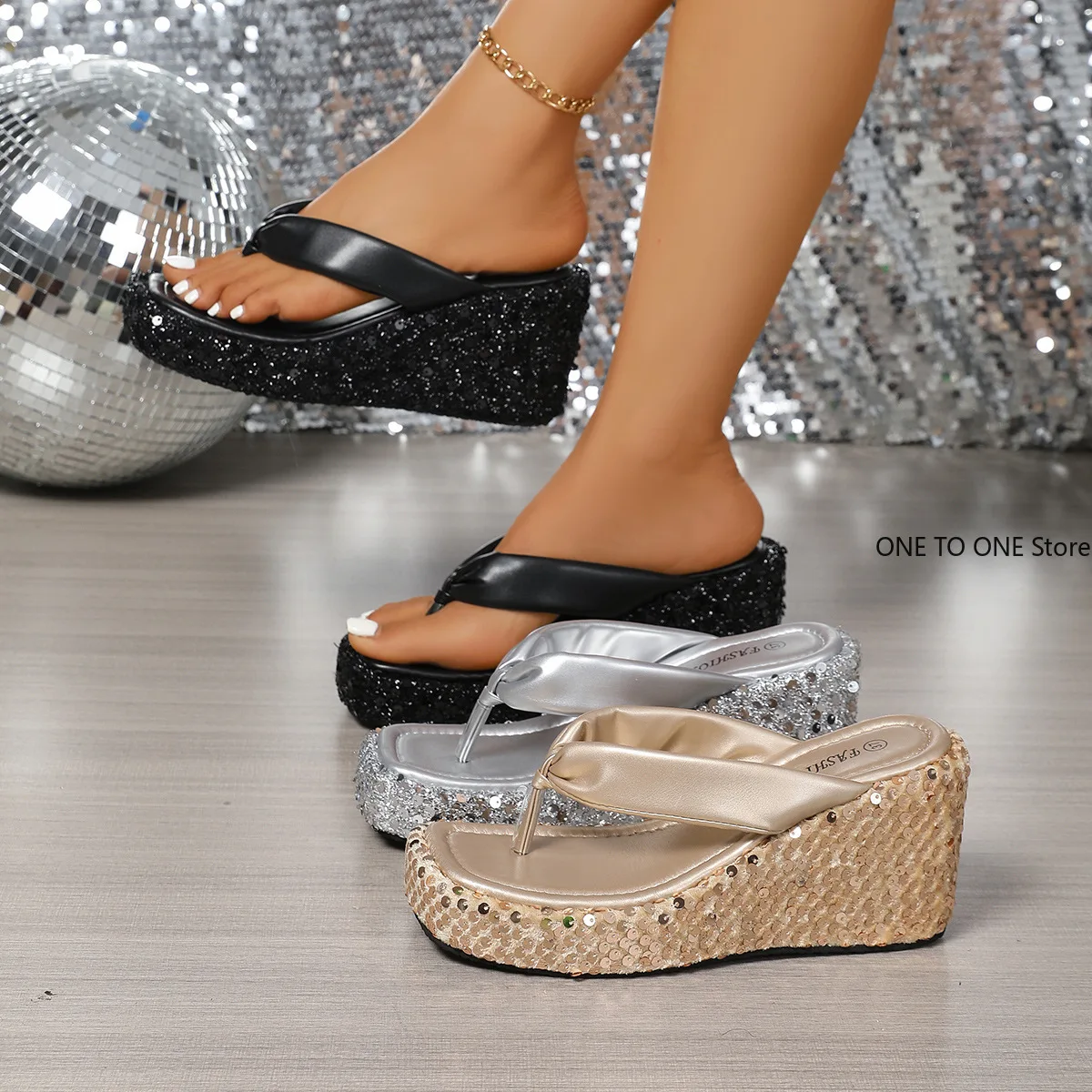 

Summer Square Head Muffin Thick-soled Slippers Transparent One-character Medium-high Heel Women's Outer Wear Sequined Sandals